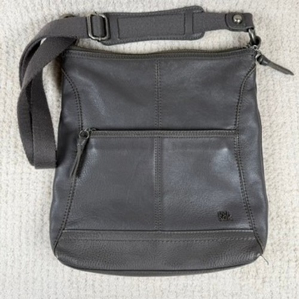 The Sak Gray Leather Crossbody Bag Adjustable Canvas Strap Zip Pocket Messenger